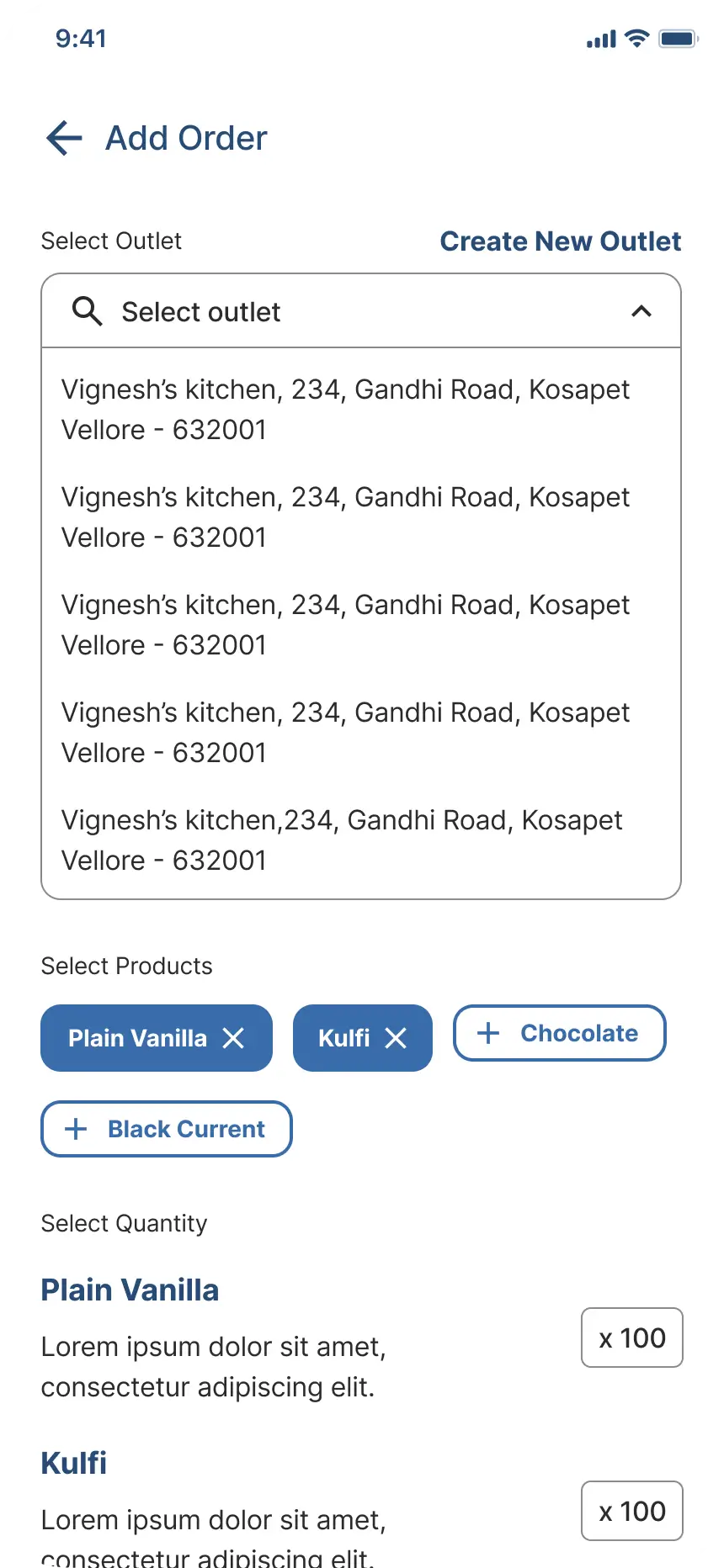 IPerform add order screen for creating new customer orders